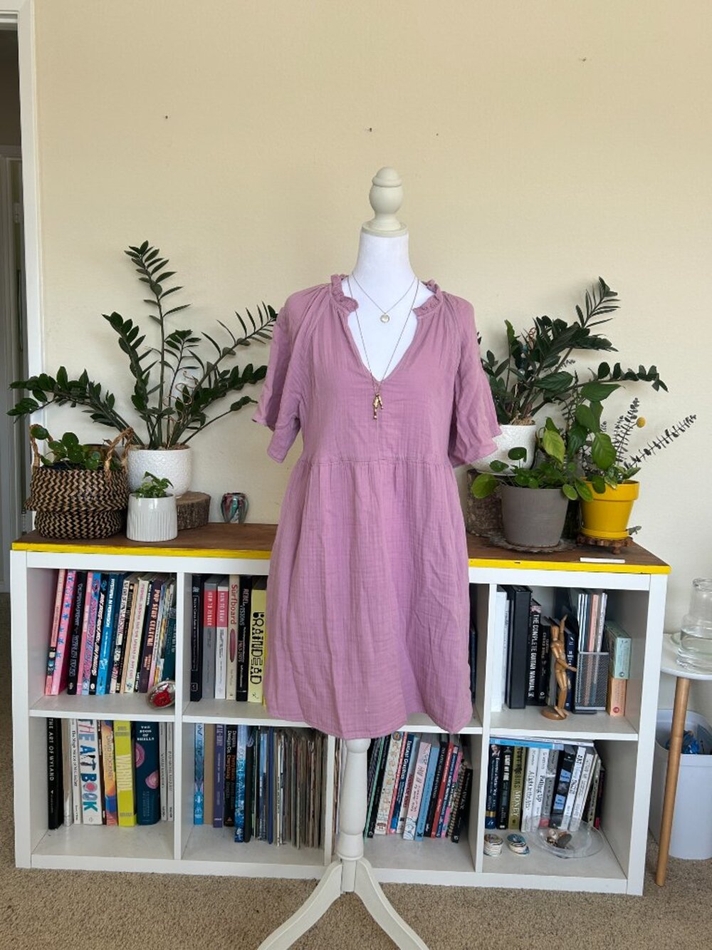 Split-Neck Crinkle Gauze Mini Swing Dress